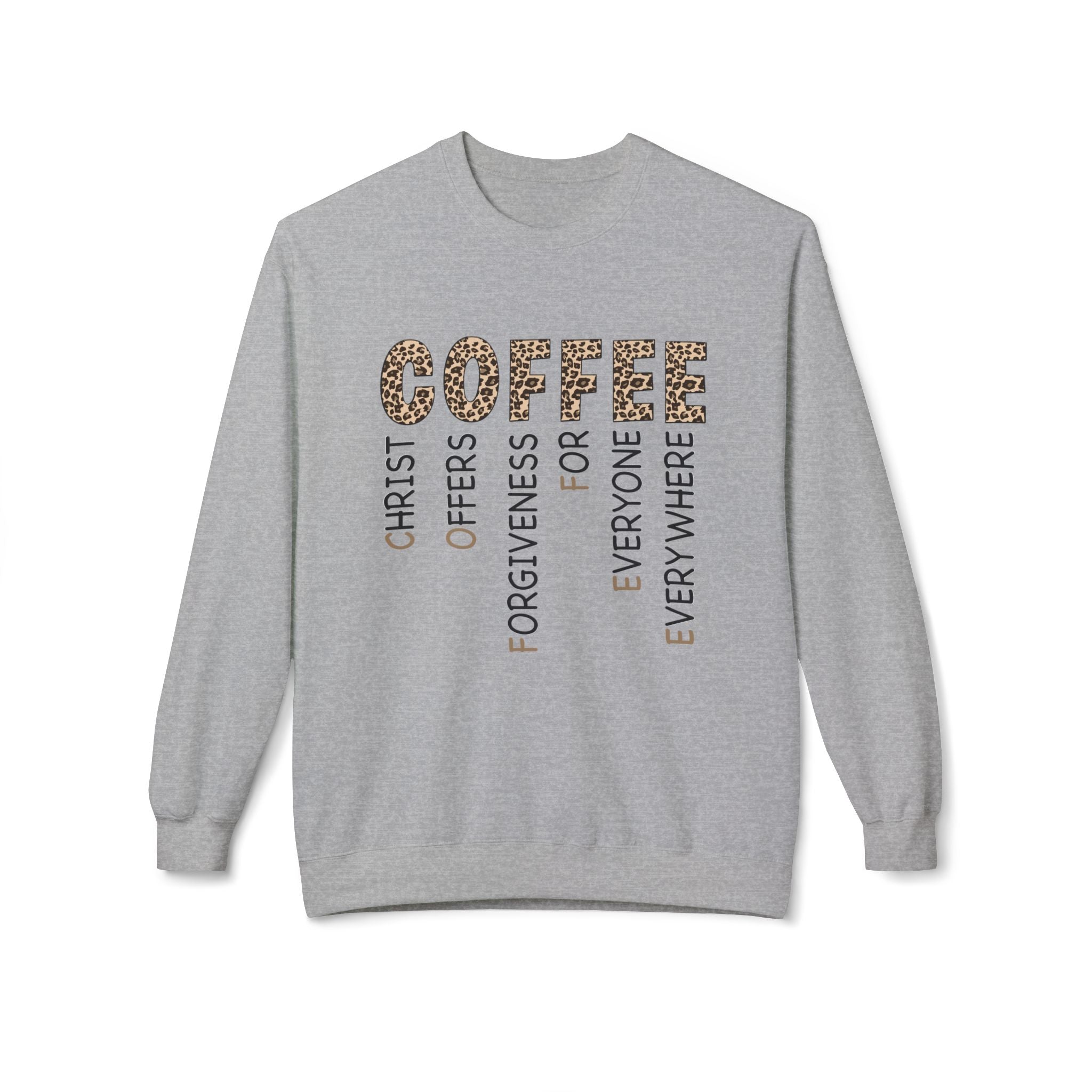 Christian Coffee Crewneck Sweatshirt — COFFEE Vertical Message Leopard Print