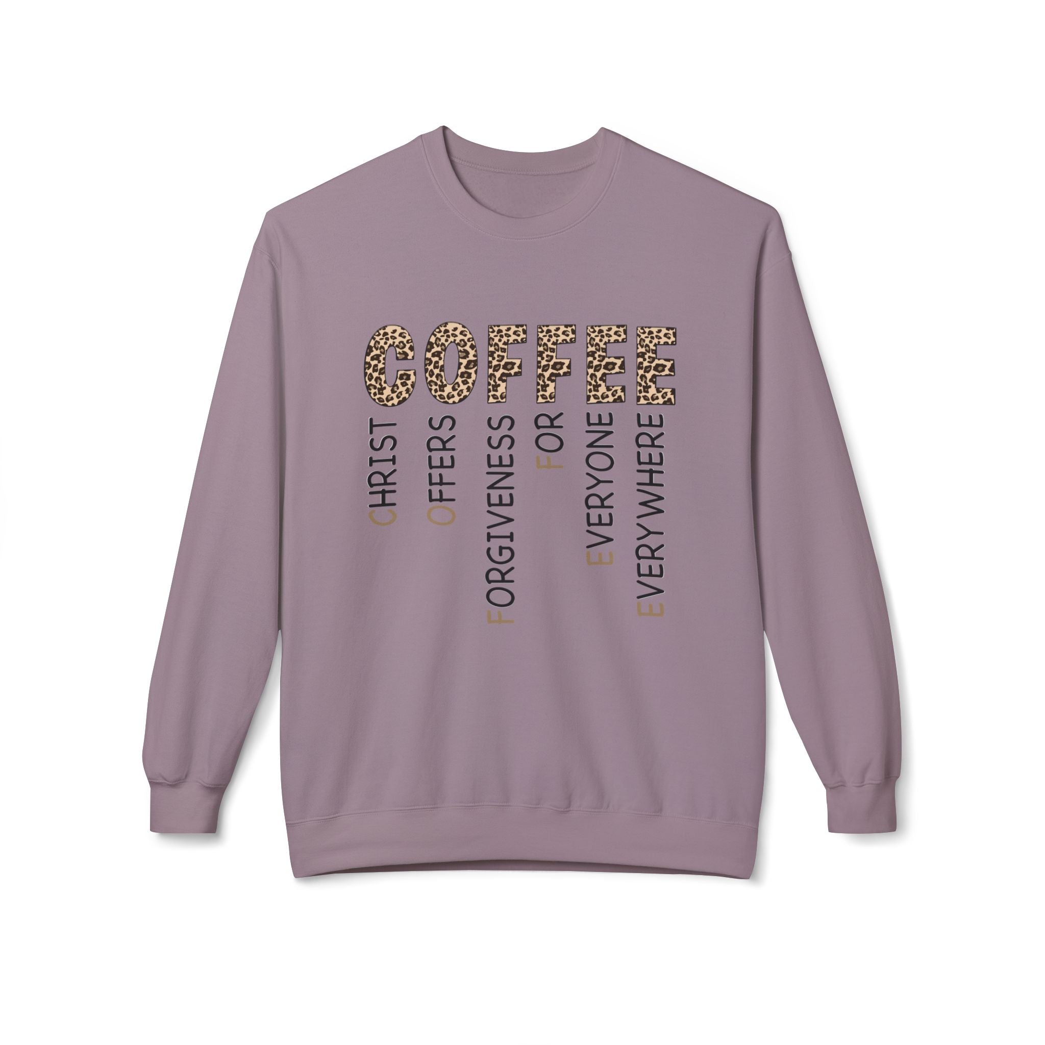 Christian Coffee Crewneck Sweatshirt — COFFEE Vertical Message Leopard Print