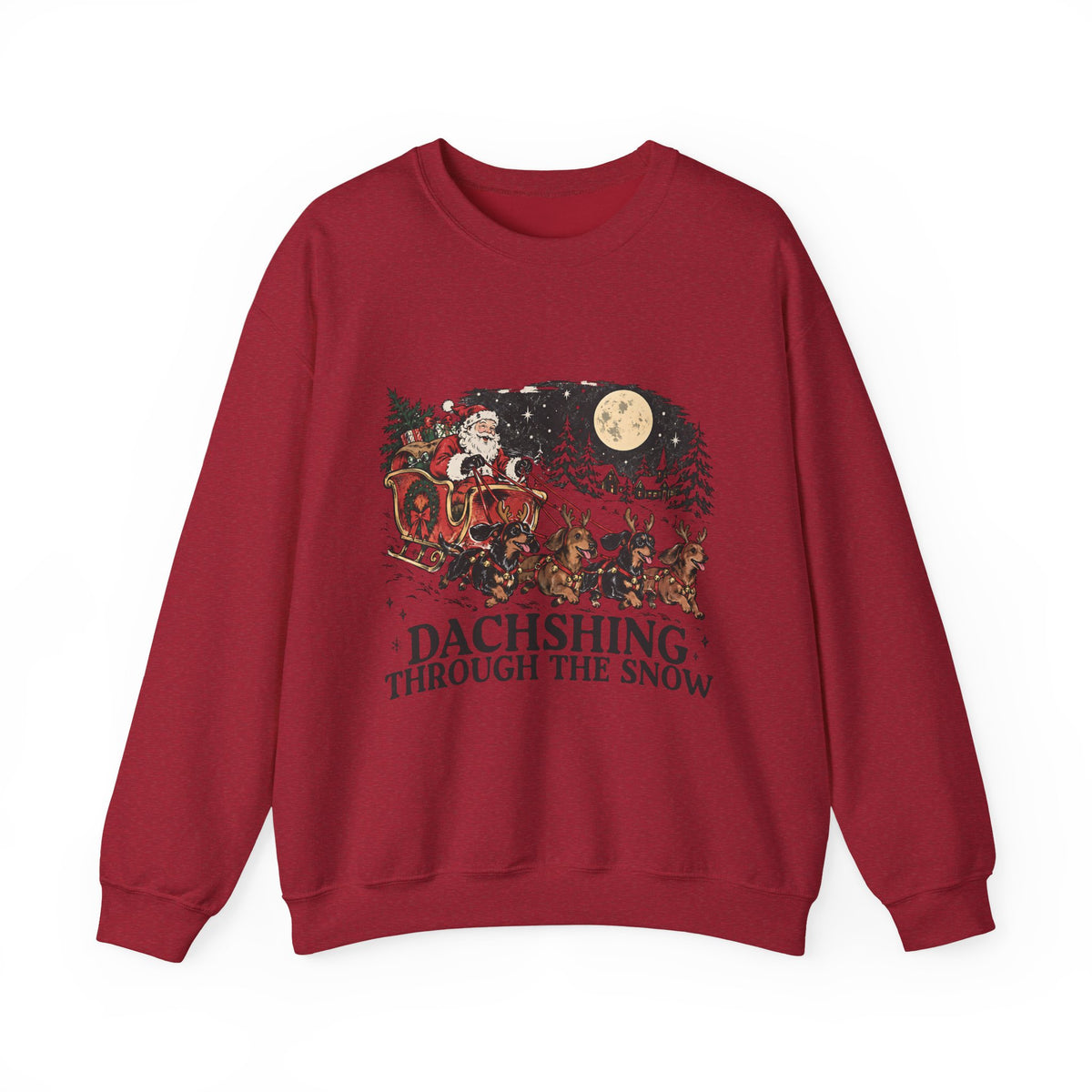 Dachshund Christmas Sweatshirt — “Dachshing Through the Snow” Holiday Crewneck