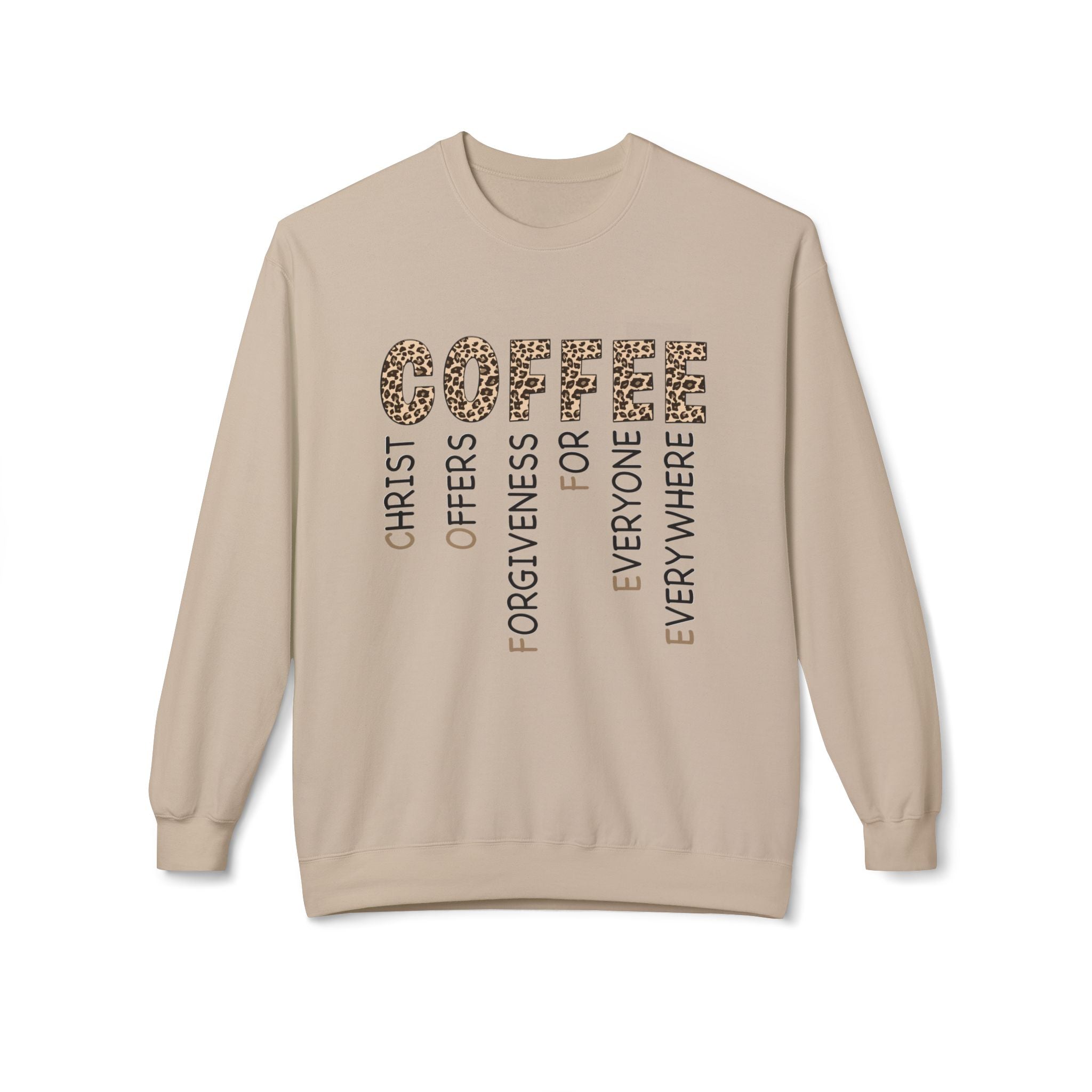 Christian Coffee Crewneck Sweatshirt — COFFEE Vertical Message Leopard Print