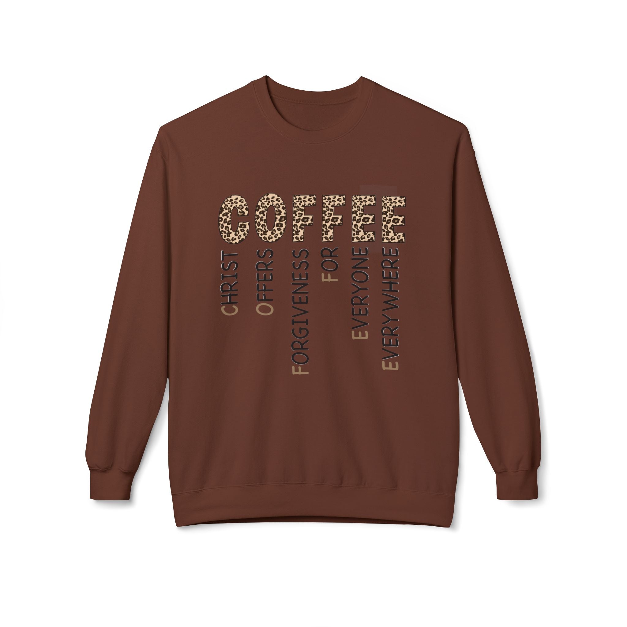 Christian Coffee Crewneck Sweatshirt — COFFEE Vertical Message Leopard Print