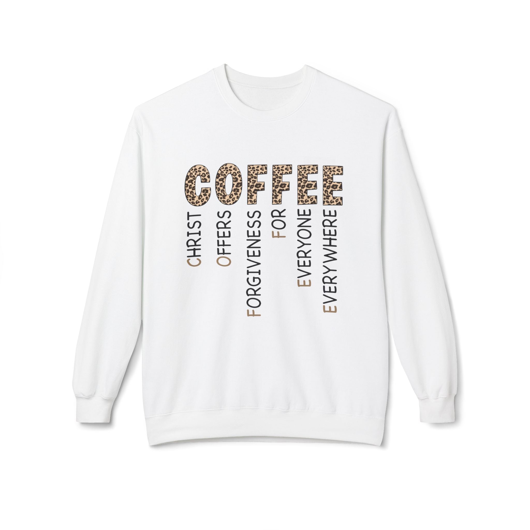 Christian Coffee Crewneck Sweatshirt — COFFEE Vertical Message Leopard Print
