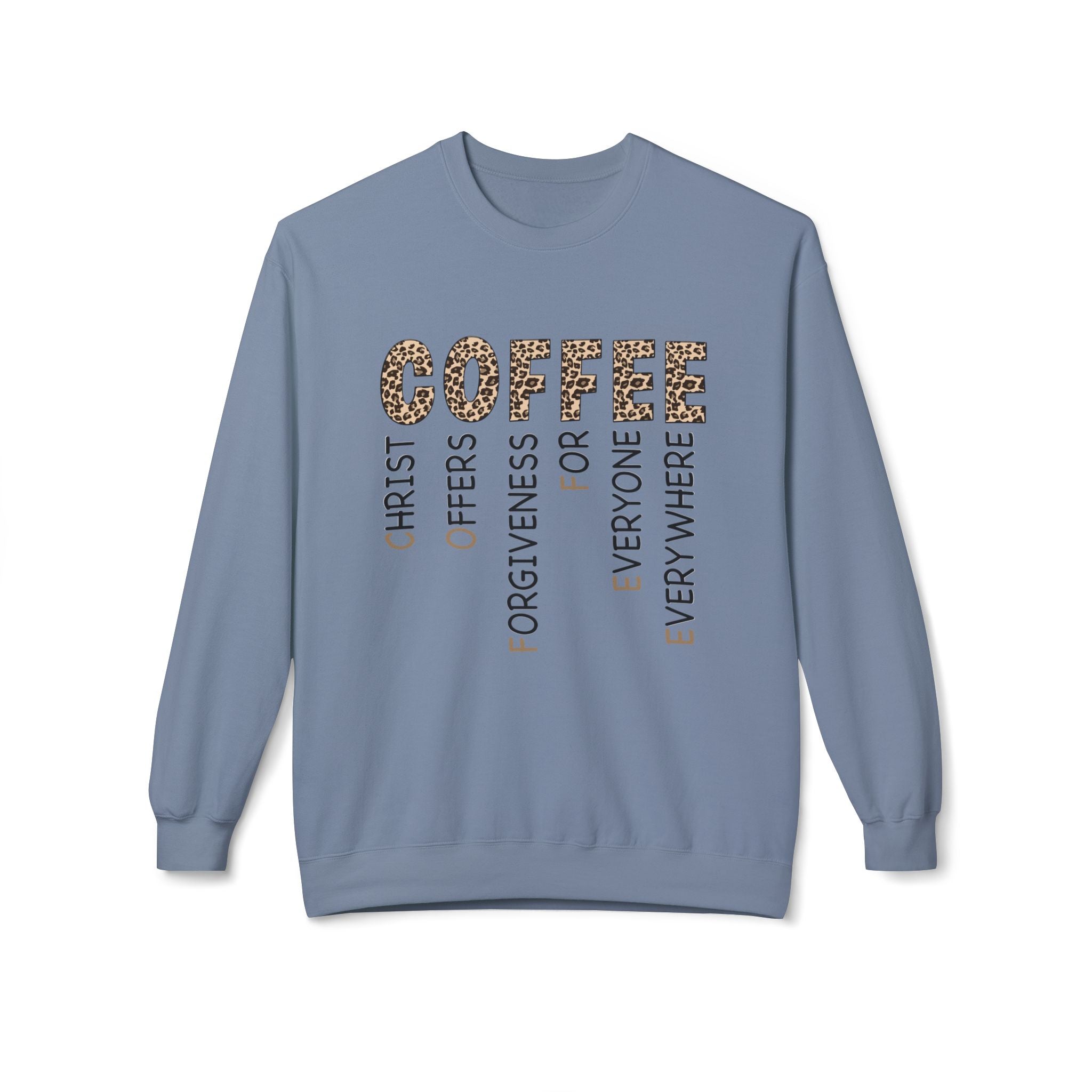 Christian Coffee Crewneck Sweatshirt — COFFEE Vertical Message Leopard Print