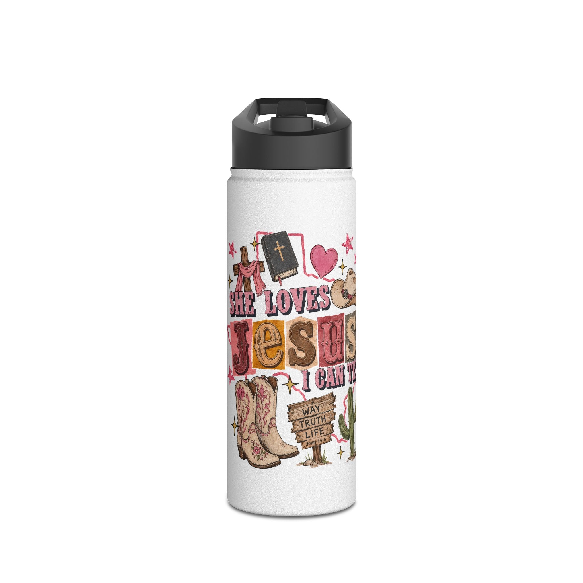 Christian Faith Stainless Steel Water Bottle — “She Loves Jesus” Inspirational Travel Bottle