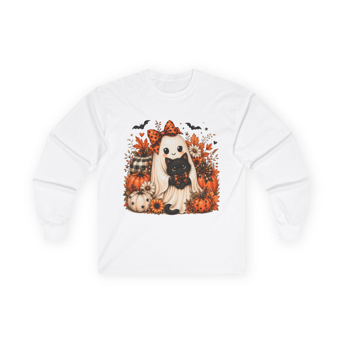 Halloween Ghost & Black Cat Long Sleeve Tee